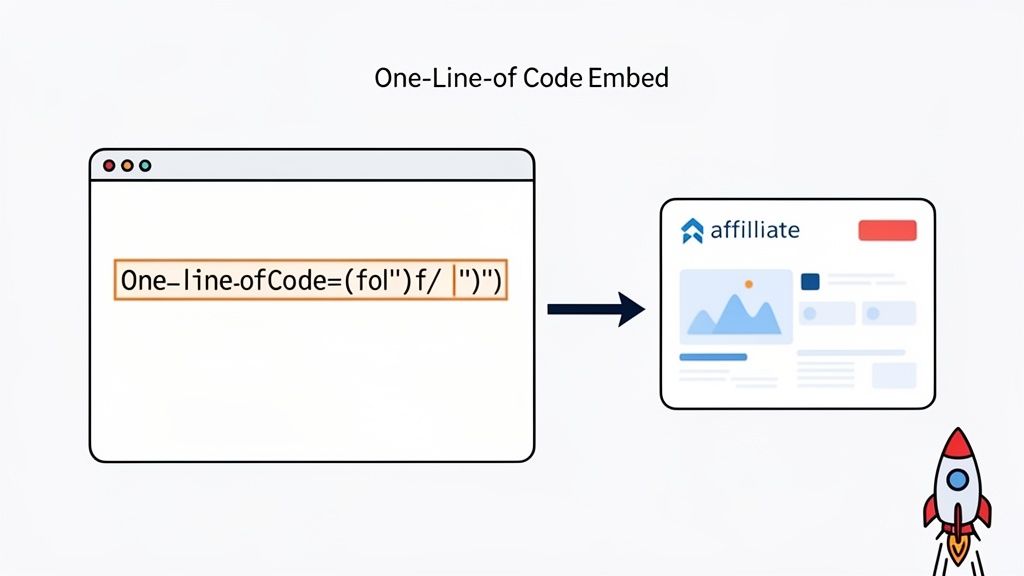 Diagram showing how one line of code embeds an affiliate component into a web page.