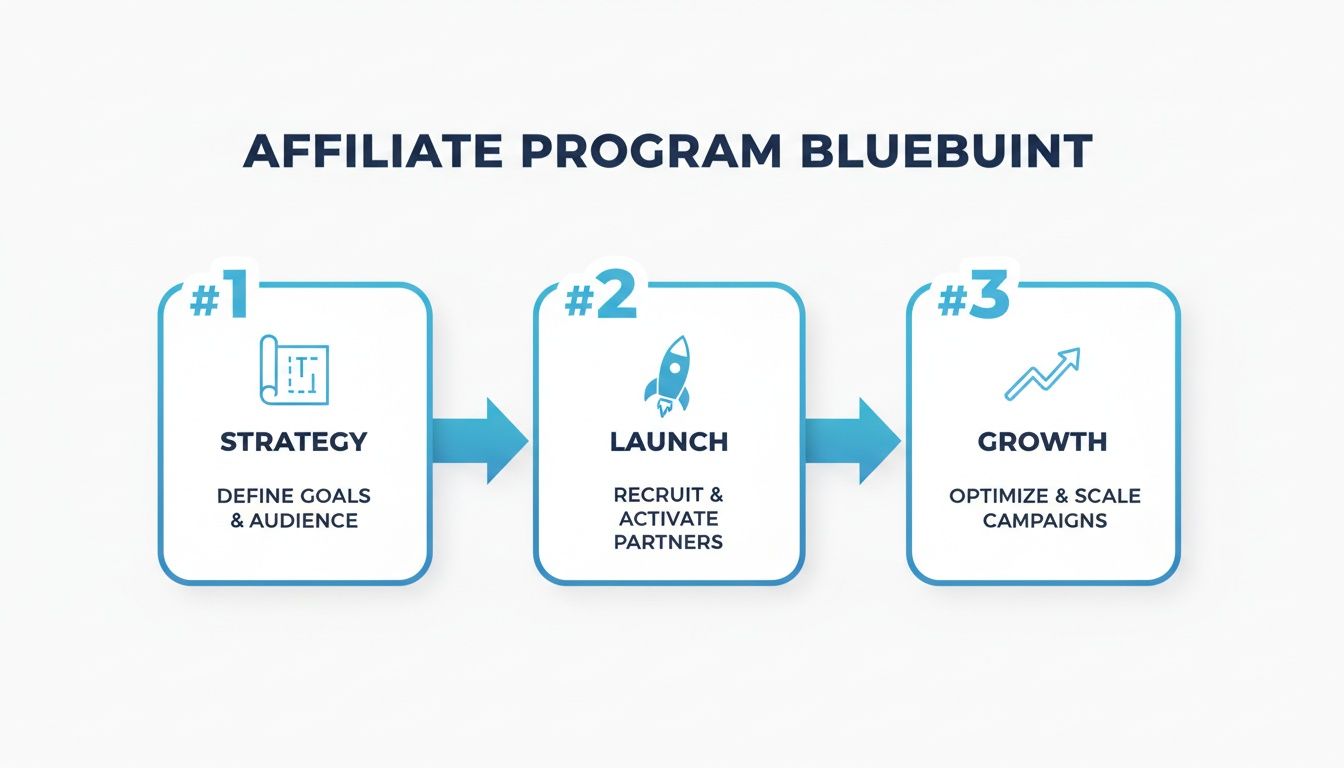 A three-step affiliate program blueprint: strategy, launch, and growth with key actions.