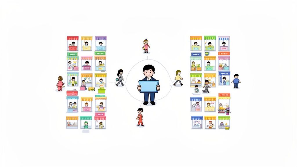 A central figure with a tablet connects to numerous shop stalls and people, illustrating a multi-vendor marketplace network.