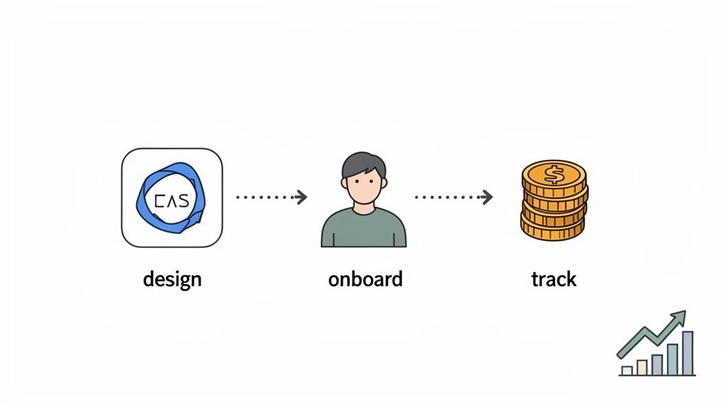 An illustration showing the steps of designing, onboarding, and tracking finances, leading to business growth.