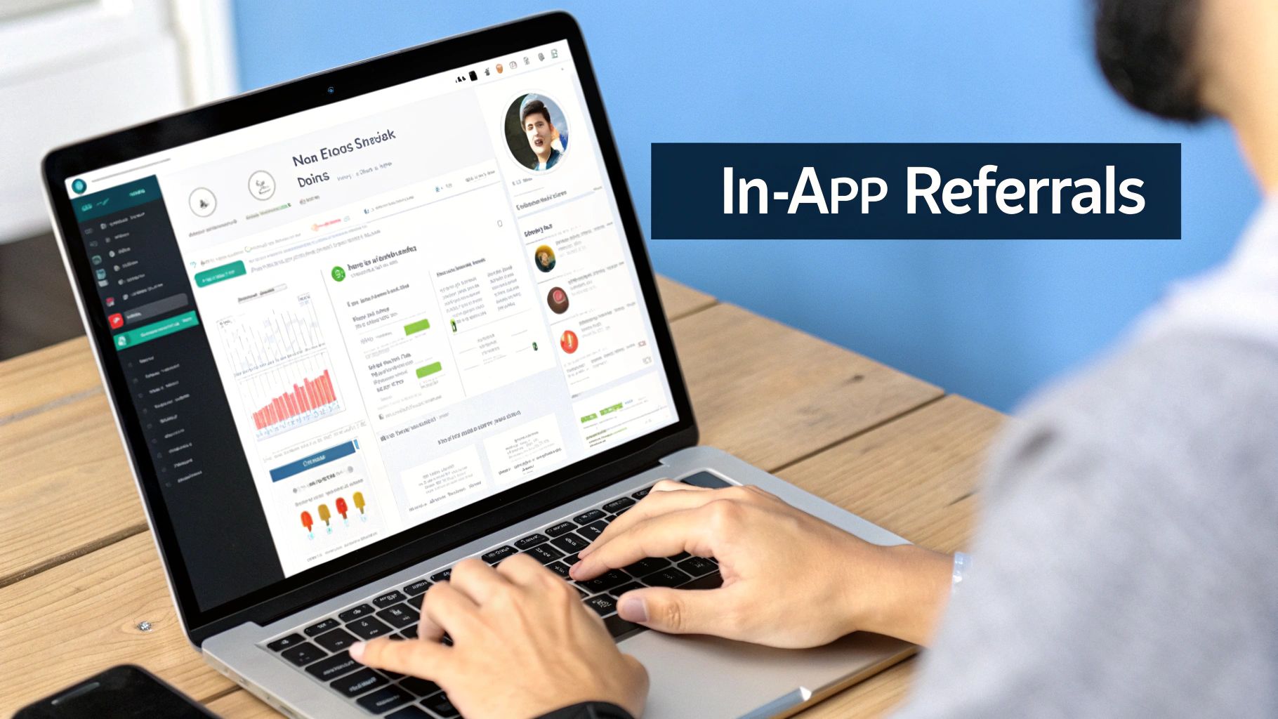 Hands typing on a laptop showing a complex dashboard with 'In-APP Referrals' text on a blue background.