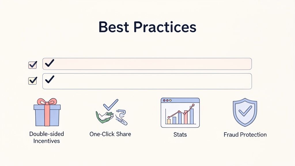 Best practices for referral programs, featuring double-sided incentives, one-click share, stats, and fraud protection.