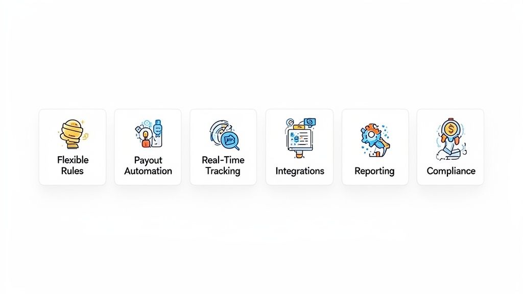 Six icons presenting commission payment software features: flexible rules, payout automation, tracking, integrations, reporting, and compliance.
