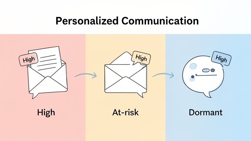 Diagram illustrating personalized communication strategies across three membership engagement stages: high, at-risk, and dormant.