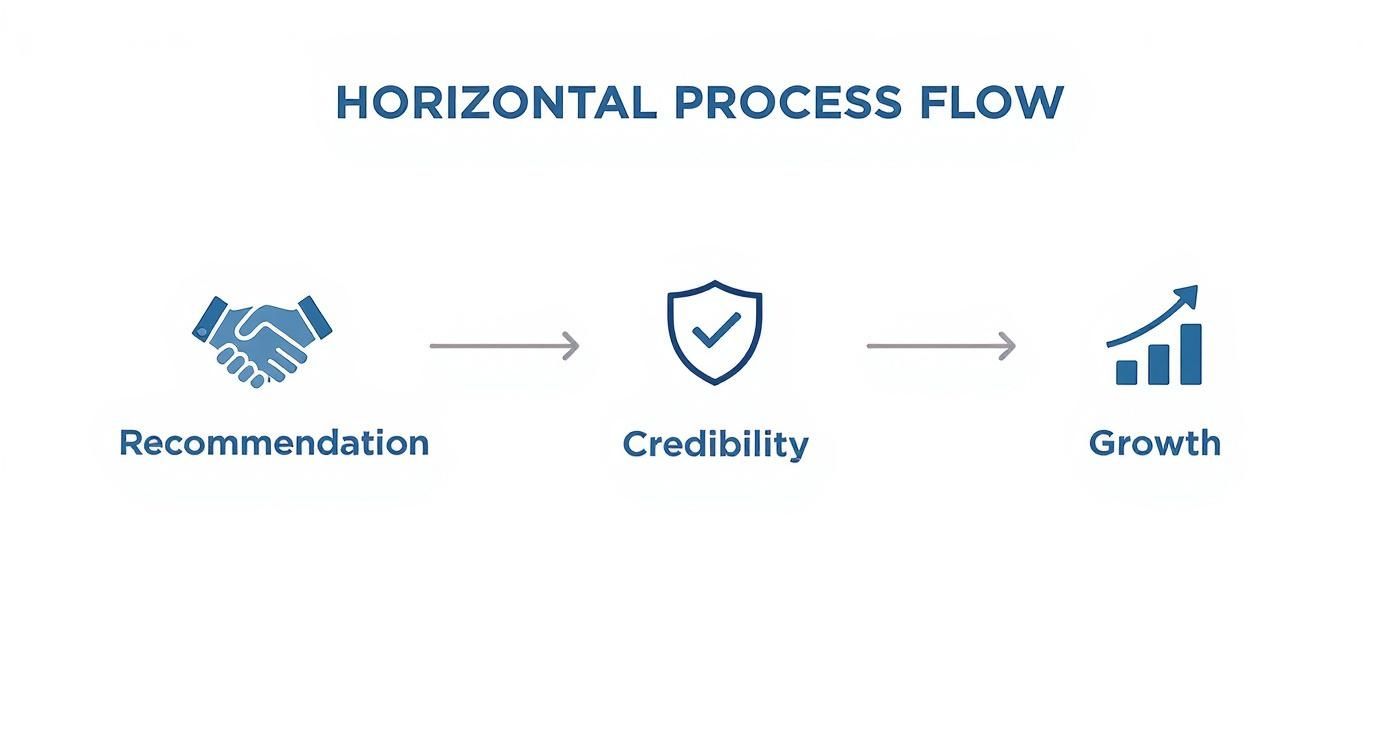 Infographic showing the B2B Trust Engine process flow: Recommendation leads to Credibility, which leads to Growth.