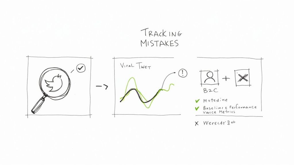 A magnifying glass hovering over a bar chart, highlighting a single outlier spike while ignoring the other consistent data points, symbolizing the mistake of focusing on viral tweets.