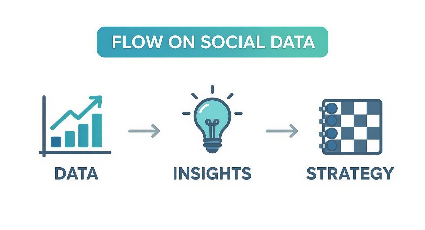Flow diagram showing social data analysis process from data collection through insights to strategic planning