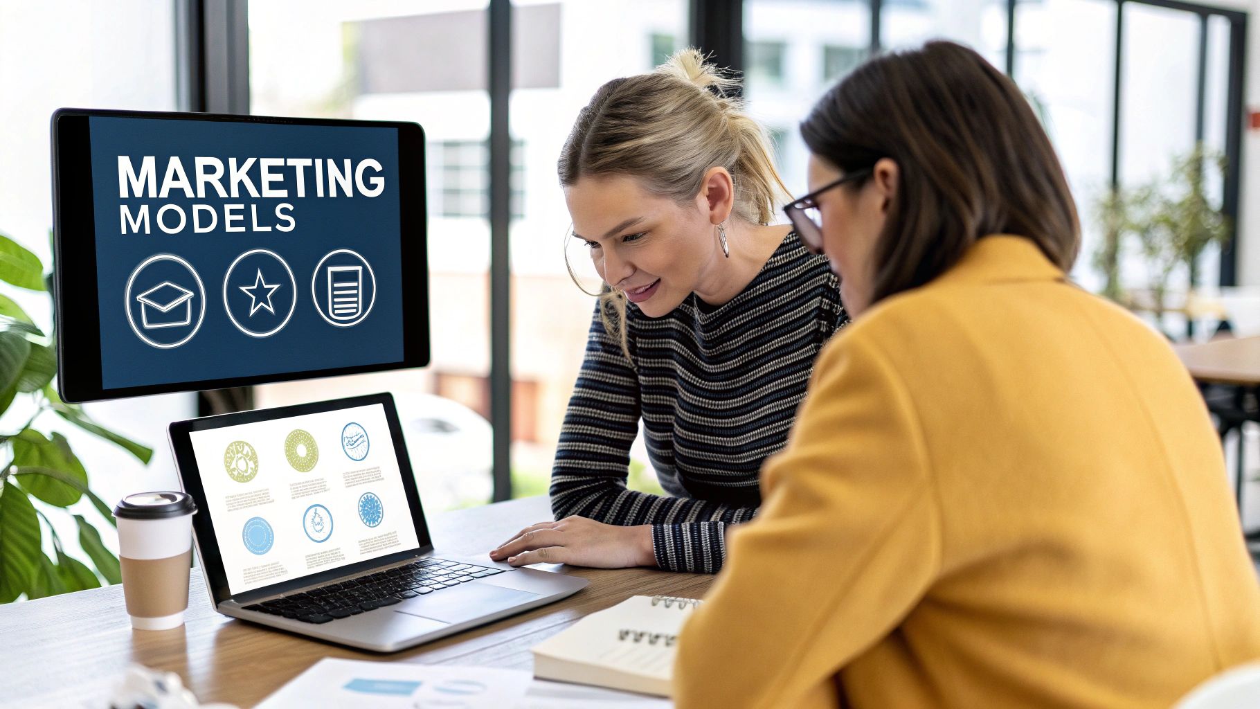 Two business professionals shaking hands over a table with laptops.