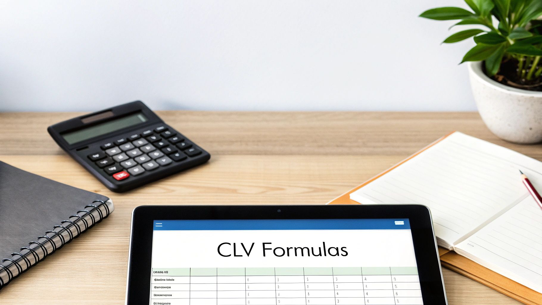A workspace with a tablet displaying CLV formulas, a calculator, and notebooks on a wooden desk.