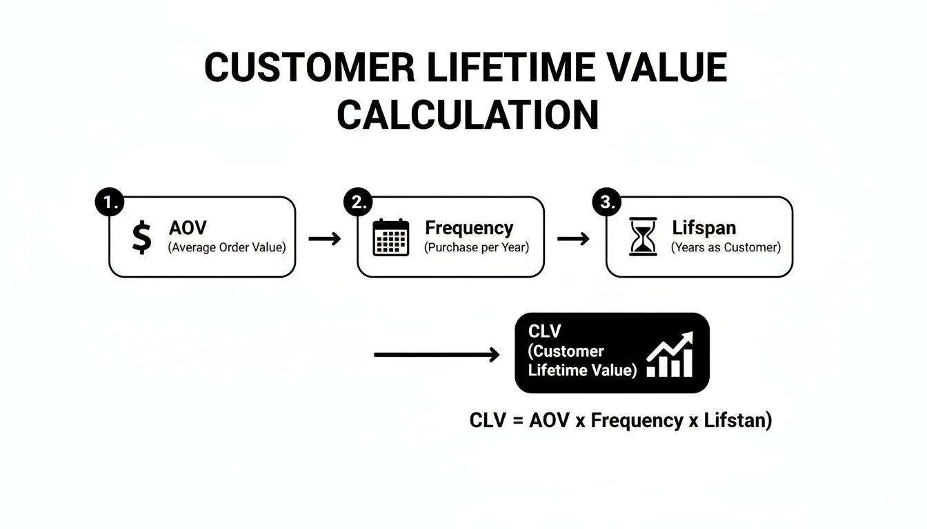 Diagram illustrating the calculation of Customer Lifetime Value (CLV) using average order value, purchase frequency, and customer lifespan.