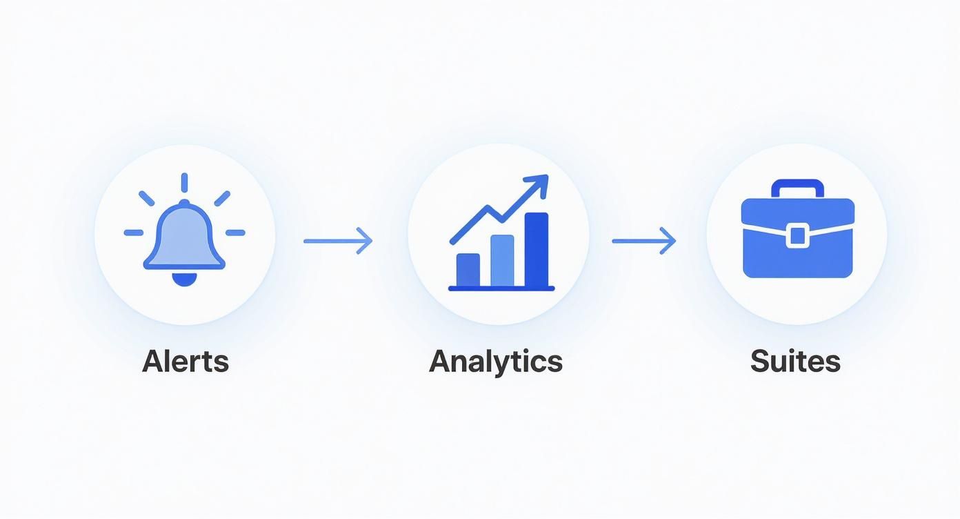 A 3-step infographic showing the flow from Alerts (bell icon), to Analytics (chart icon), to Suites (toolbox icon) for tool selection.