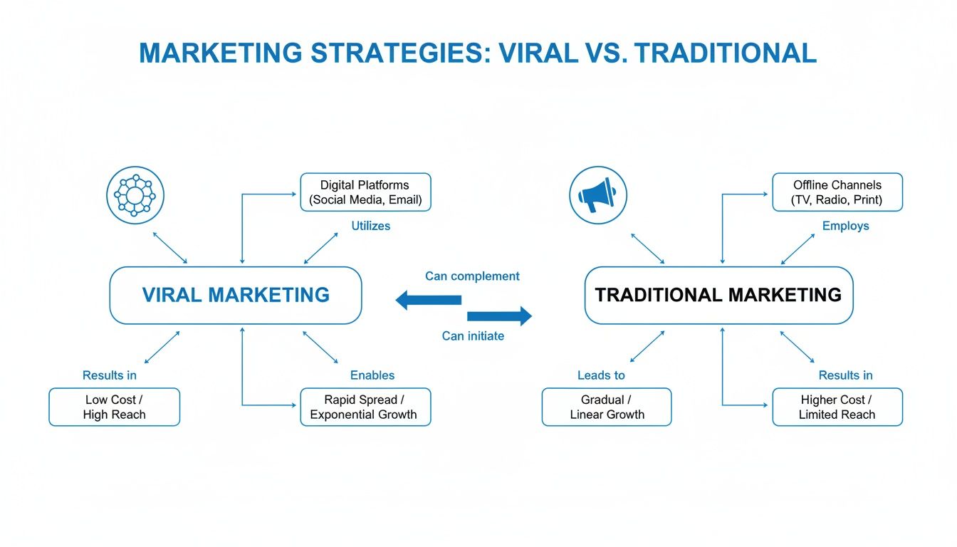 Flowchart comparing viral marketing and traditional marketing strategies, highlighting channels, growth, and cost.
