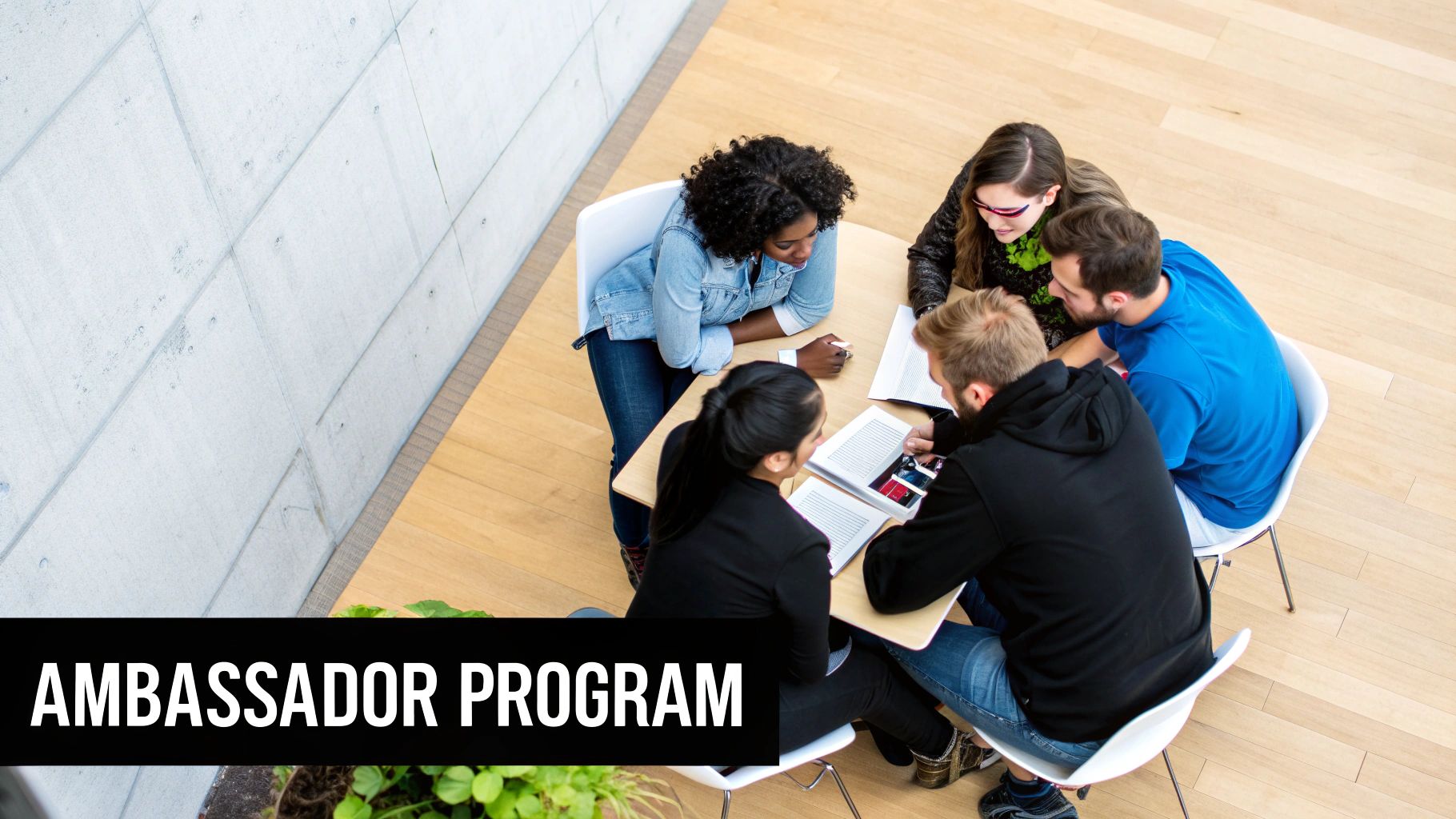 A group of diverse brand ambassadors collaborating on a creative project with laptops and coffee.