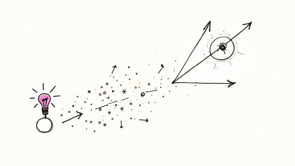 Light bulb idea transforming into arrows pointing toward target goal illustration concept