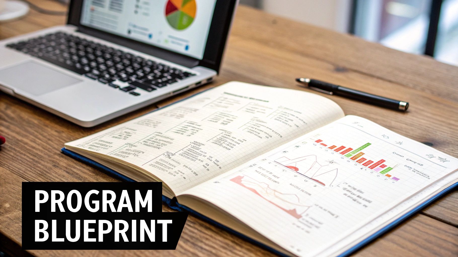 A blueprint for an affiliate program being drawn on a desk with a laptop and coffee.