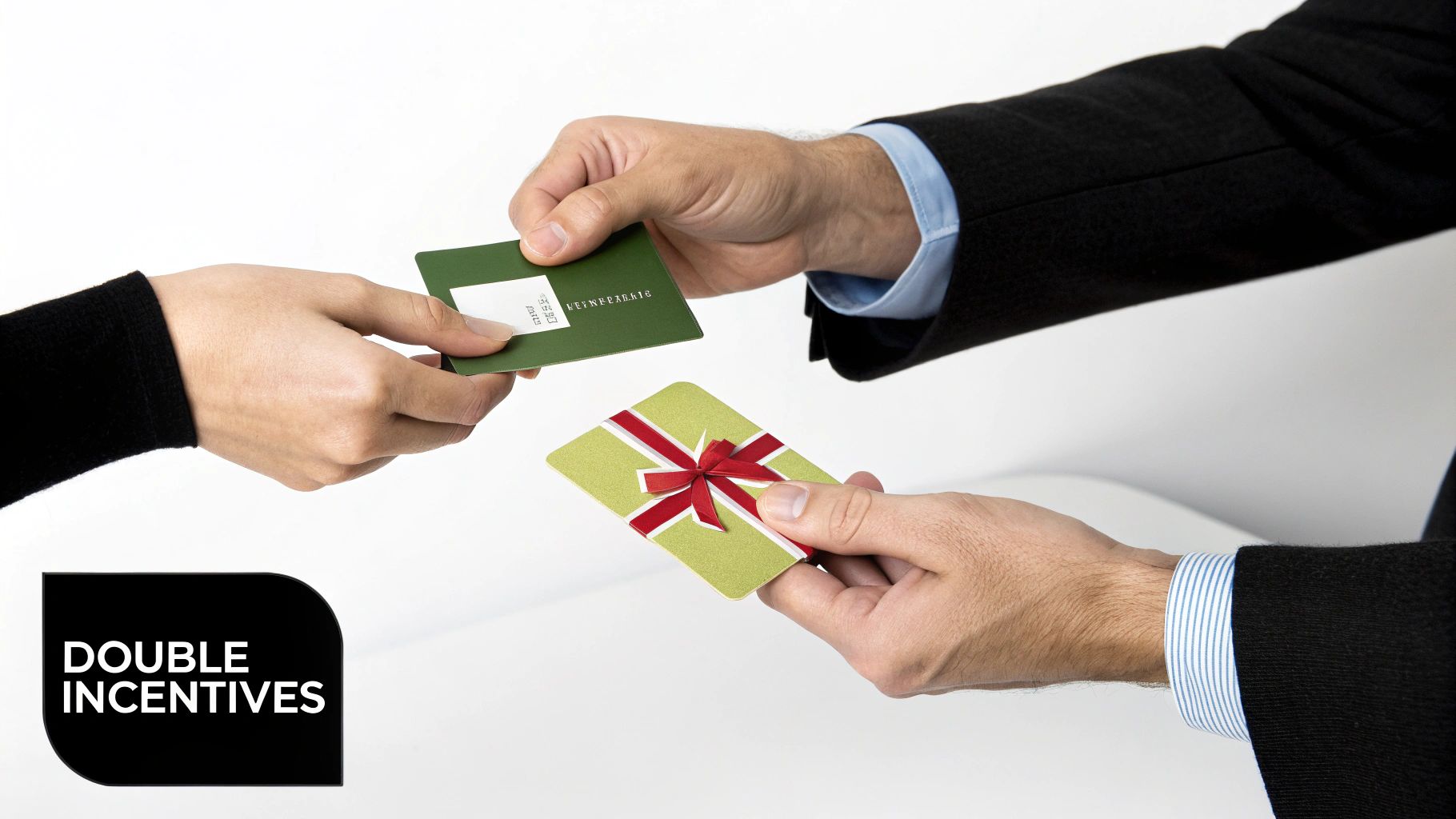 An illustration showing a two-way arrow between a 'Referrer' icon and a 'Referred Friend' icon, with a gift box icon above each, symbolizing that both parties receive a reward.
