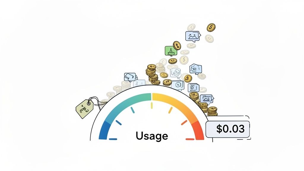 Colorful usage meter displaying current usage and a $0.03 cost with coins and service icons.