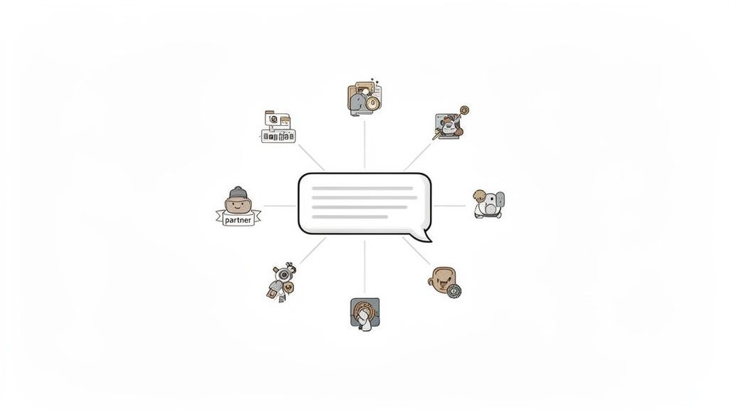 A concept map showing a central speech bubble connected to various illustrated icons and a 'partner' label.
