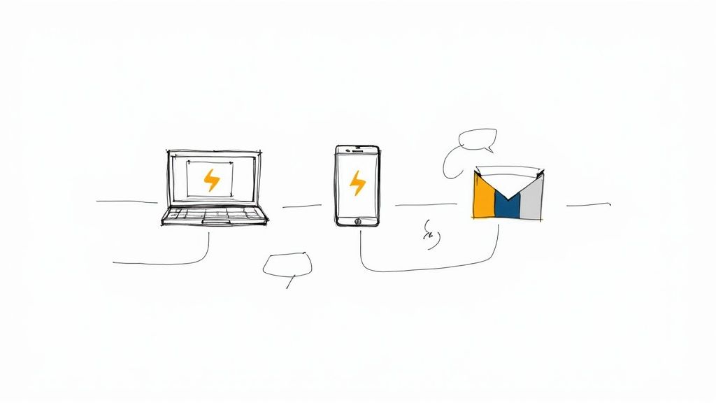 A hand-drawn sketch illustrating data flow from a laptop and smartphone to an email envelope.