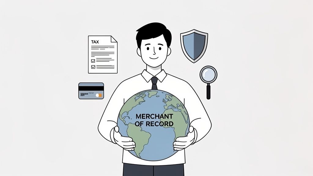 A person holds a globe labeled "Merchant of Record," surrounded by icons for tax, credit card, security, and inspection.
