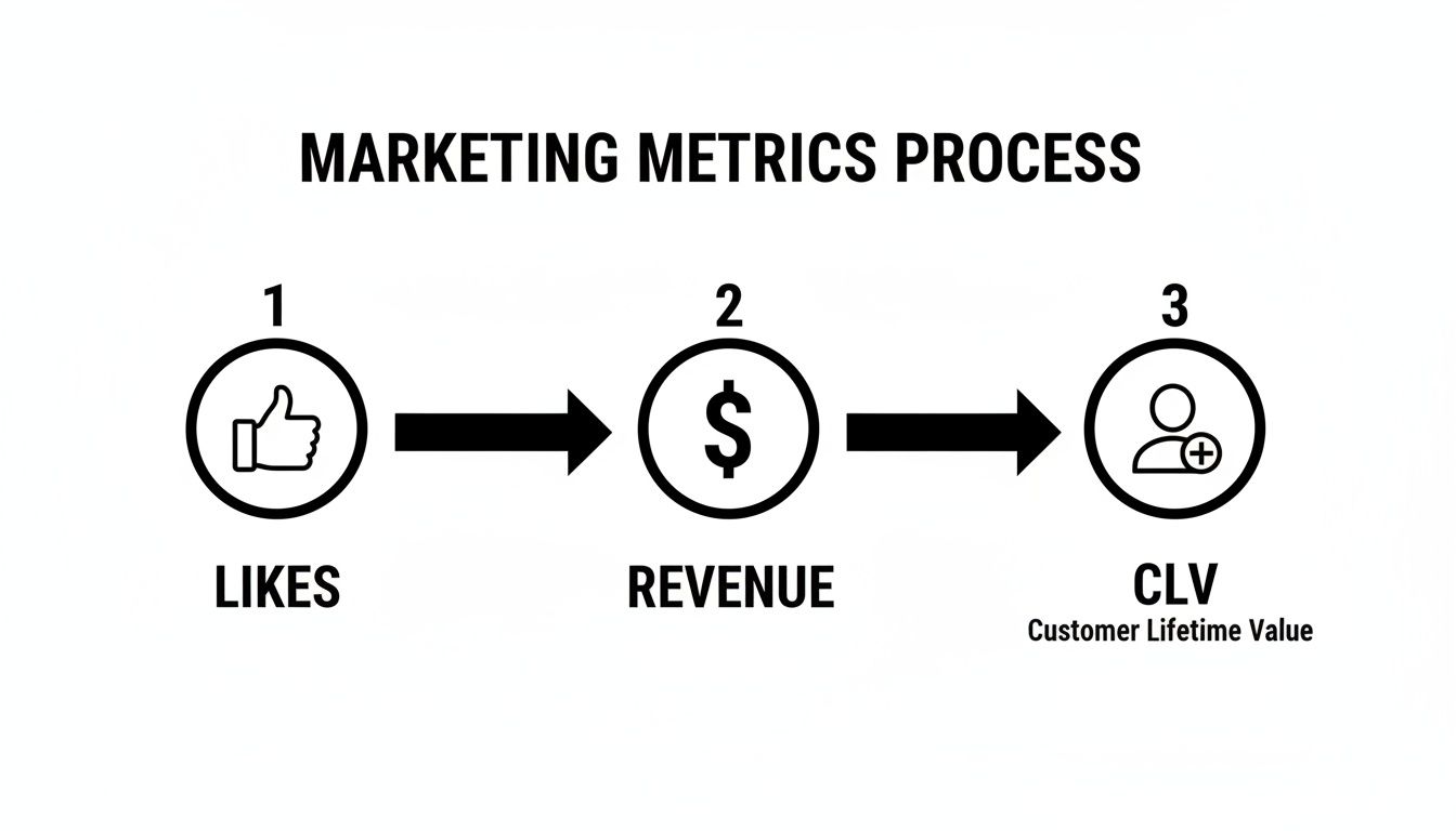 A marketing metrics process diagram showing progression from likes to revenue and customer lifetime value.