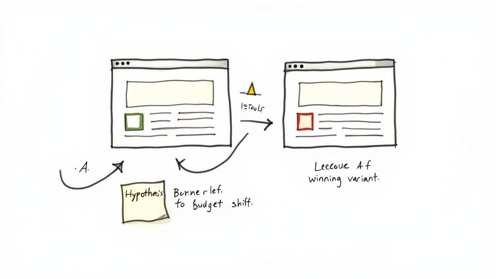 Hand-drawn sketch illustrating an A/B test between two website variants and a winning design.