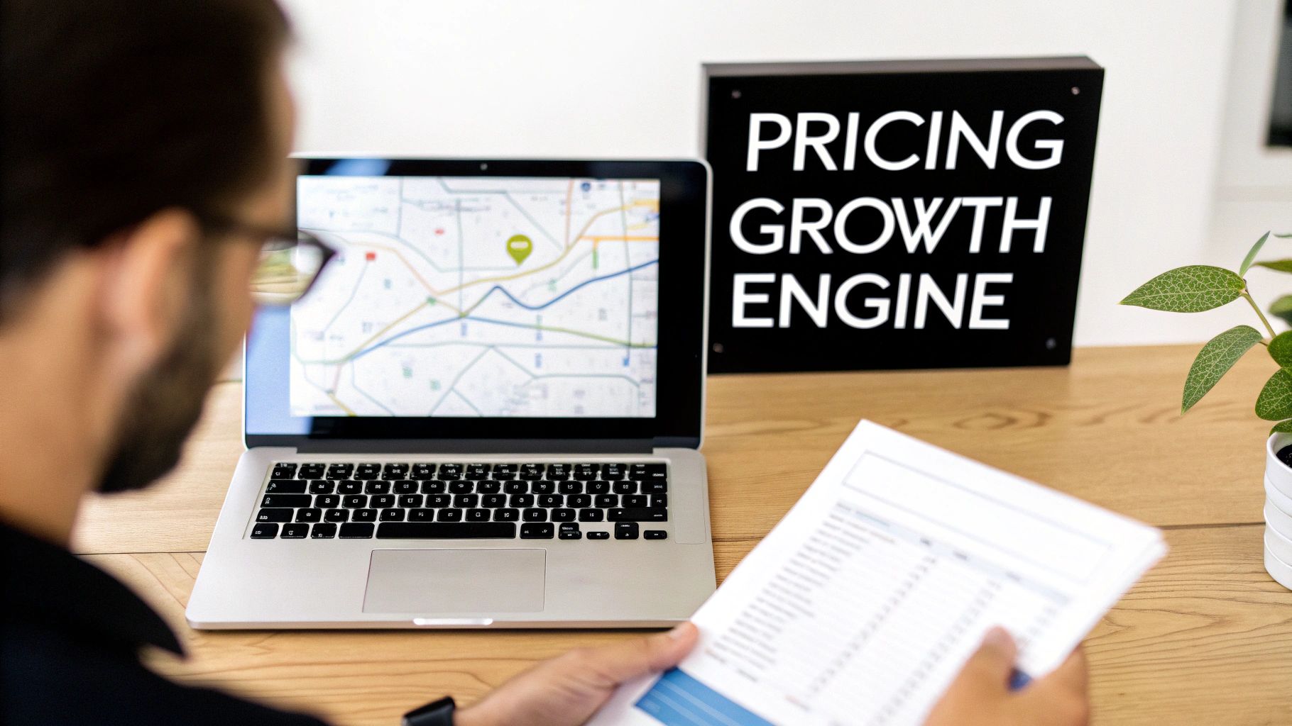 Person analyzing data on a laptop displaying a map and holding a document, with a 'Pricing Growth Engine' sign on the desk.