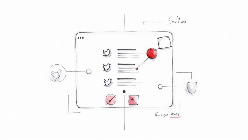 Hand-drawn diagram of a screen tracking Twitter mentions, featuring a red alert sphere and related icons.