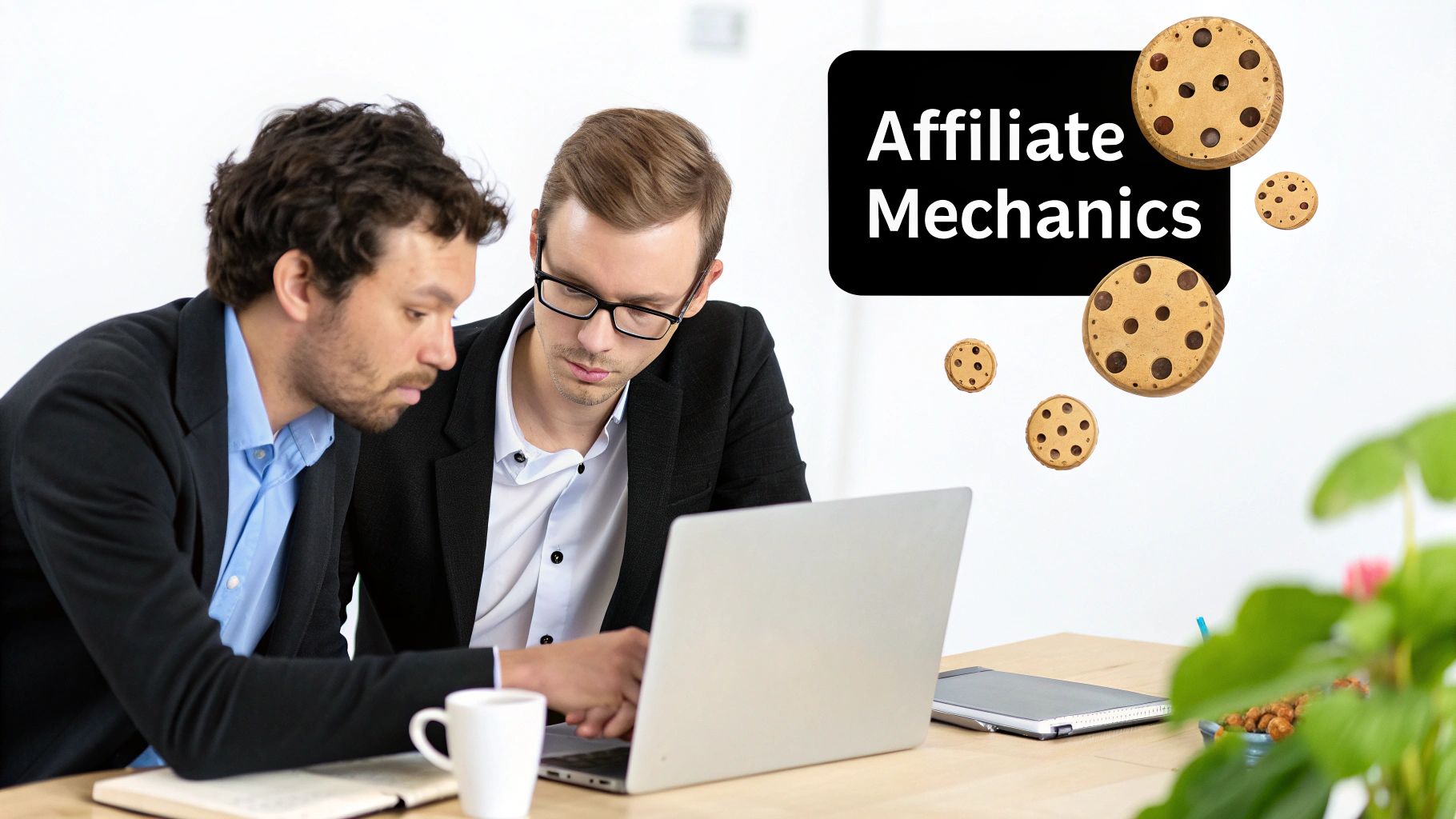 A simplified diagram showing the affiliate marketing process, with icons for a promoter, a unique link, a customer, and a software company.