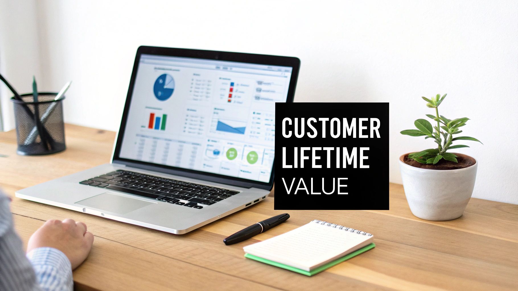 A person at a wooden desk with a laptop displaying business analytics, a notebook, and a plant. Text: CUSTOMER LIFETIME VALUE.