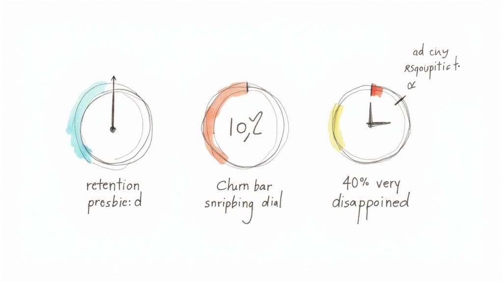 A dashboard showing key metrics like retention, growth, and user sentiment, indicating the health of a product.