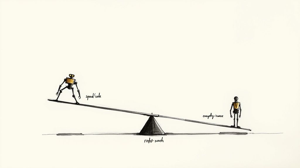 A robot arm and a human arm shaking hands, symbolizing the balance between automation and human interaction.