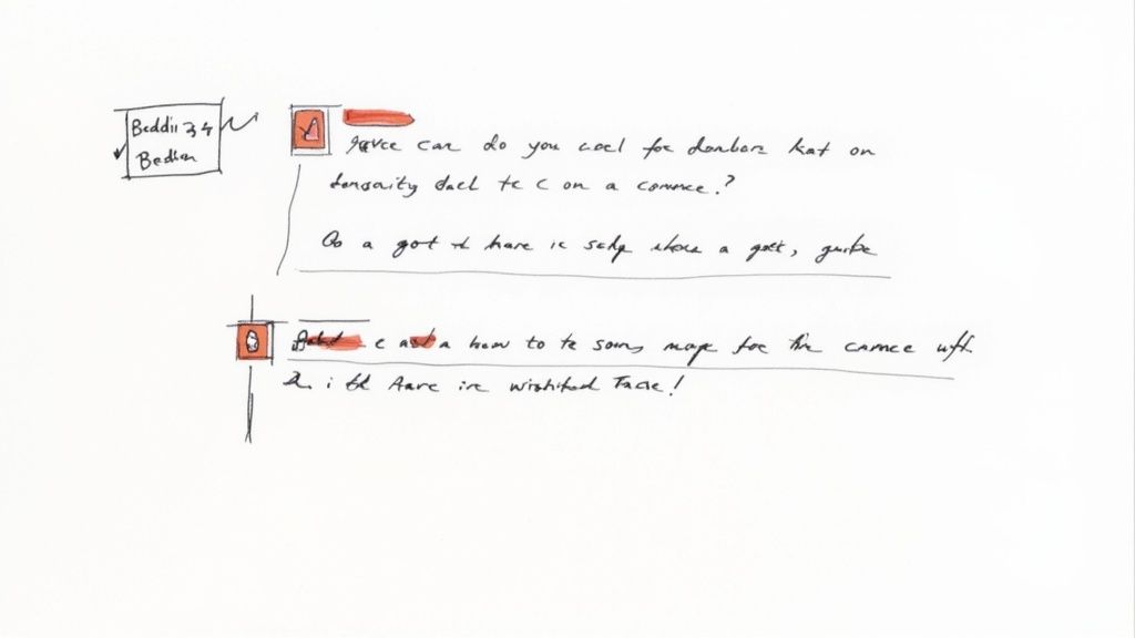 Handwritten notes on white paper featuring sketched boxes, checkmarks, and red highlights, resembling a draft.