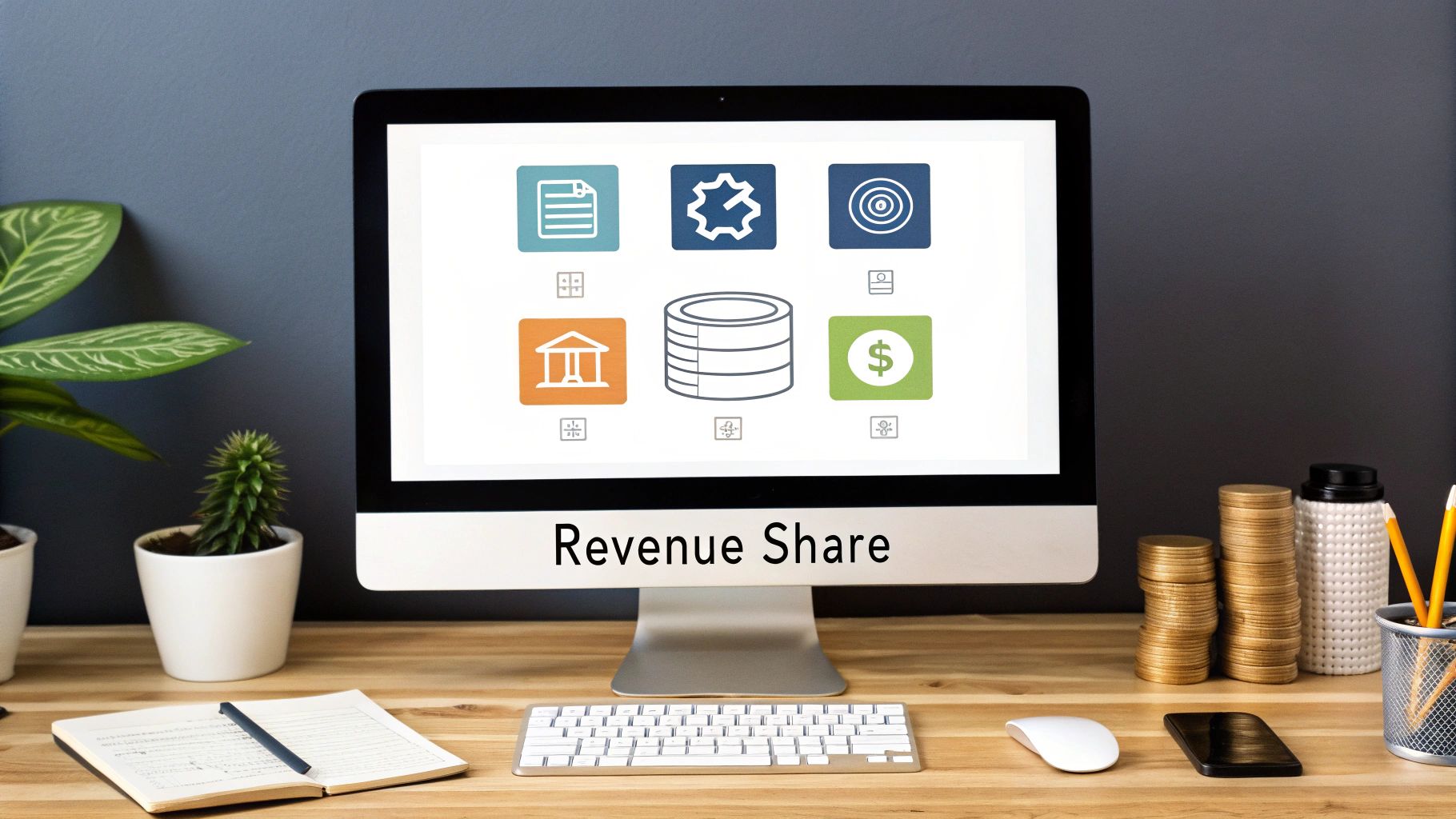 A desktop computer monitor displays 'Revenue Share' and financial icons on a wooden office desk.