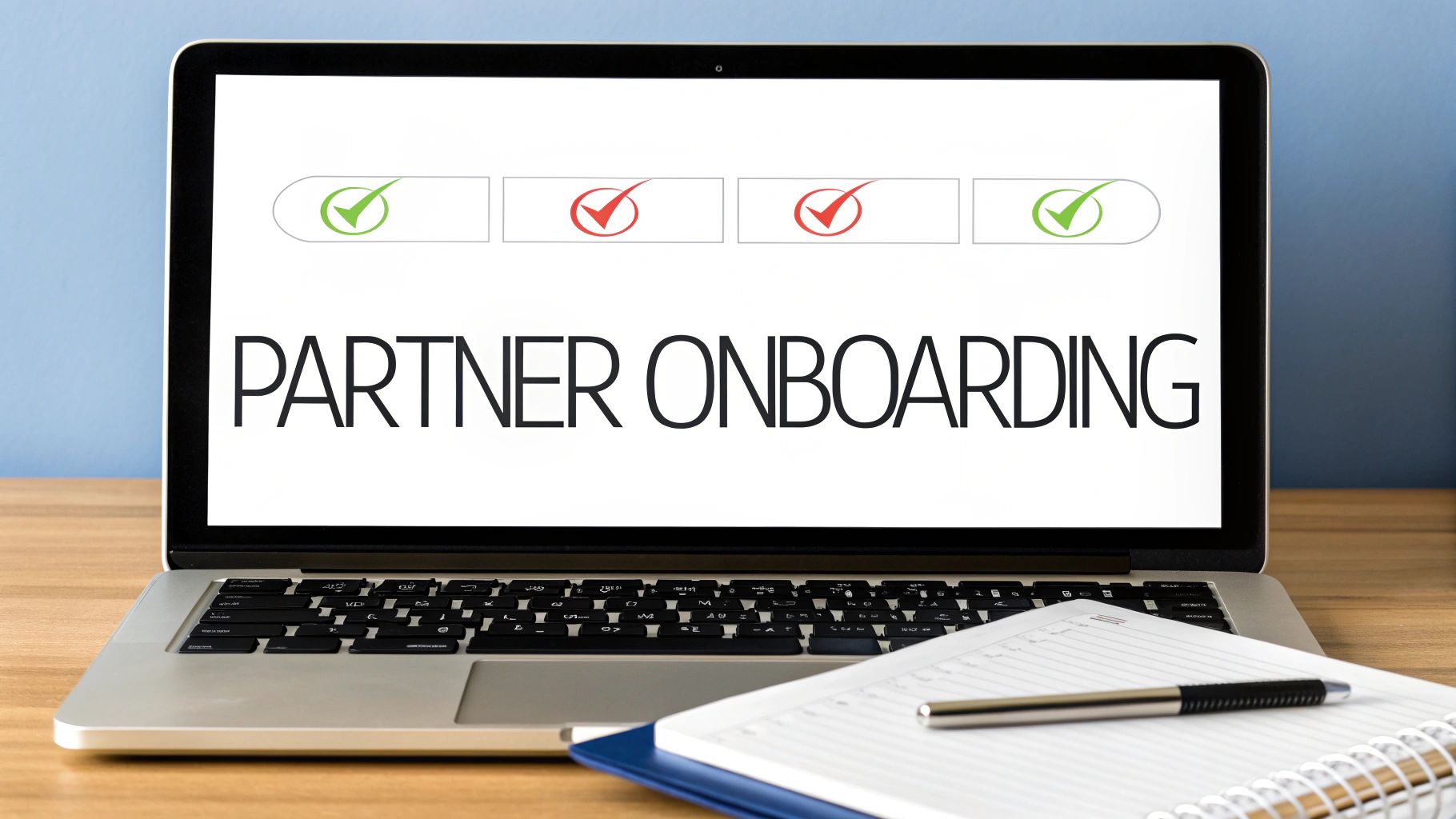 Laptop screen showing 'PARTNER ONBOARDING' text and a progress bar with green checks and red Xs.