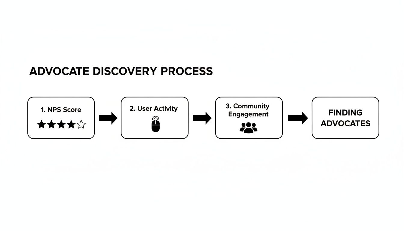 A flowchart detailing the advocate discovery process, including NPS score, user activity, and community engagement.