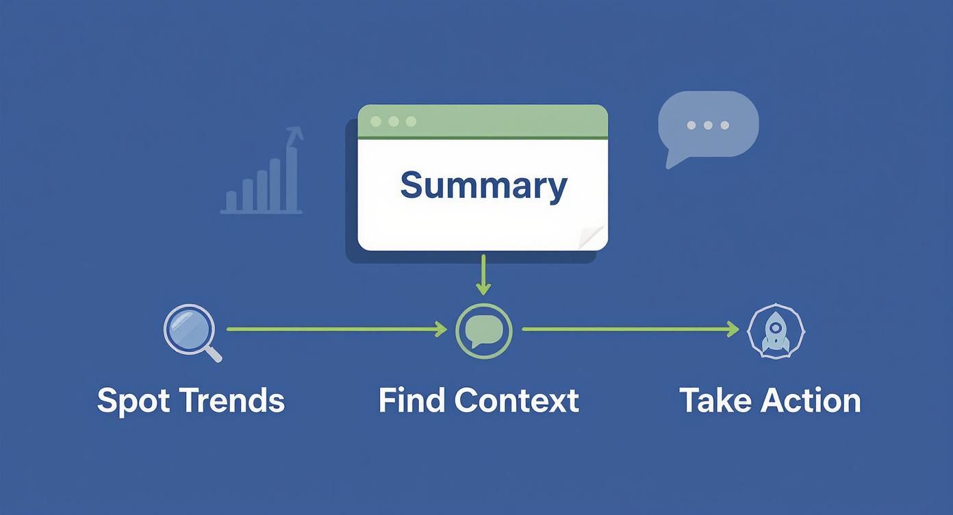 Diagram illustrating data analysis workflow: Summary, Find Context, Spot Trends, Take Action.