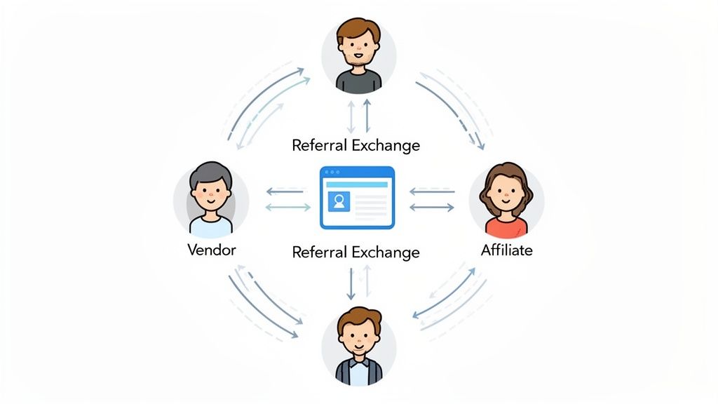 Diagram illustrating a referral exchange platform connecting vendors and affiliates in a circular network.