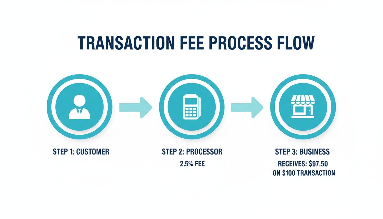 Diagram showing the transaction fee process flow from customer to business with a 2.5% processor fee.