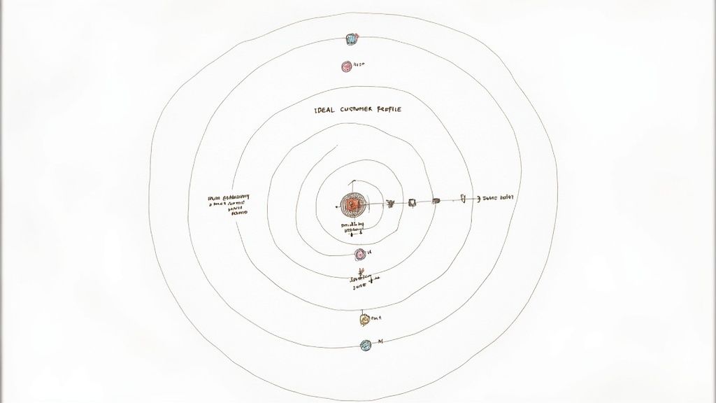 A diverse group of people represented by icons on a world map, with lines connecting them to social media platform logos, indicating audience targeting.