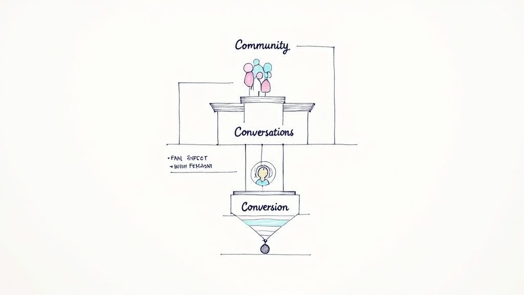 A person sitting at a desk with a laptop, pointing at a screen showing social media icons and charts, illustrating lead generation strategy.