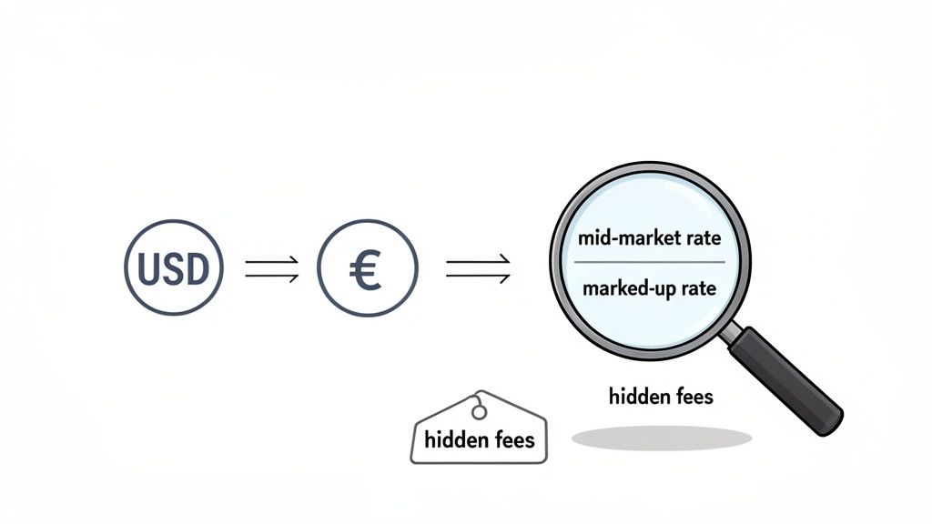 Illustration showing USD to EUR currency exchange, revealing hidden fees within the marked-up rate.
