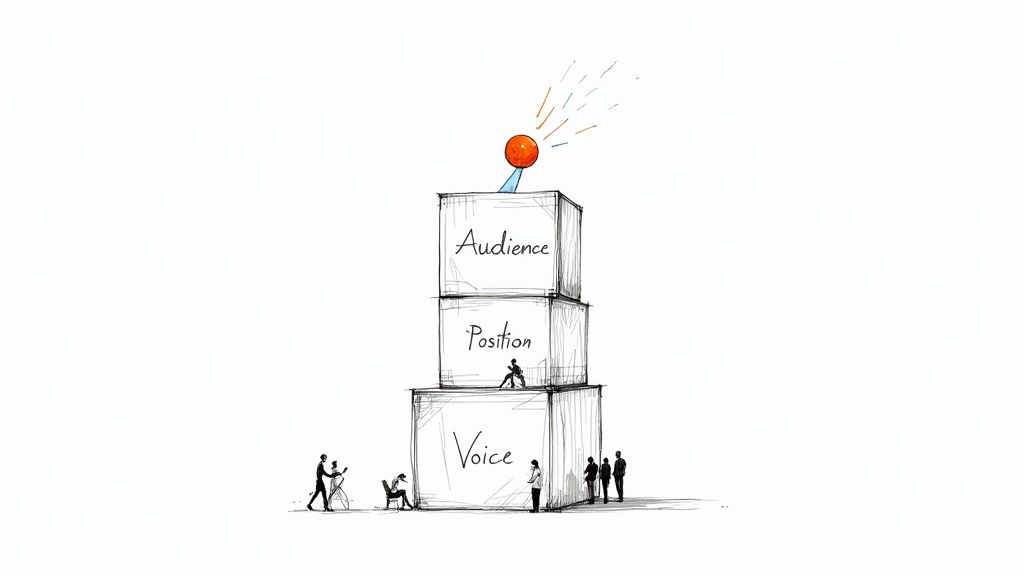 Illustration of stacked blocks labeled Voice, Position, and Audience representing brand building hierarchy