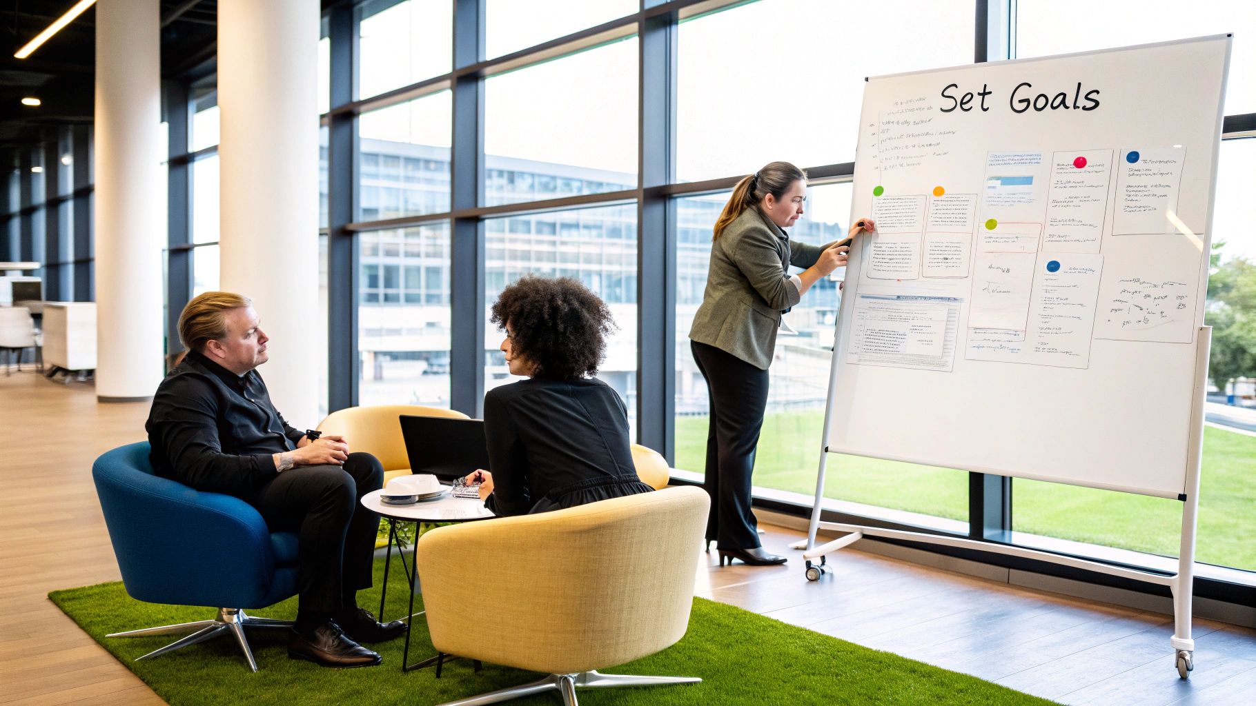 A person writing SMART goals on a whiteboard with sticky notes