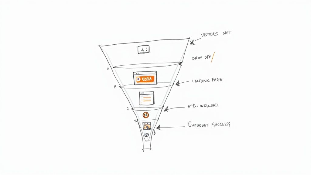 A graph showing a rising conversion rate, with a magnifying glass focused on key optimization points on a webpage.