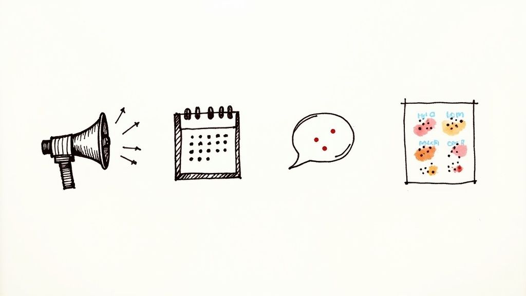 Hand-drawn icons depicting a megaphone, calendar, speech bubble, and a poster for communication and planning.