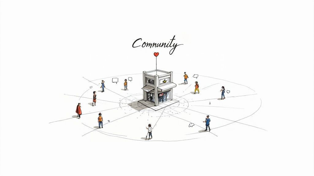 An illustration of a community: a central building with a heart, surrounded by diverse people connected by lines.