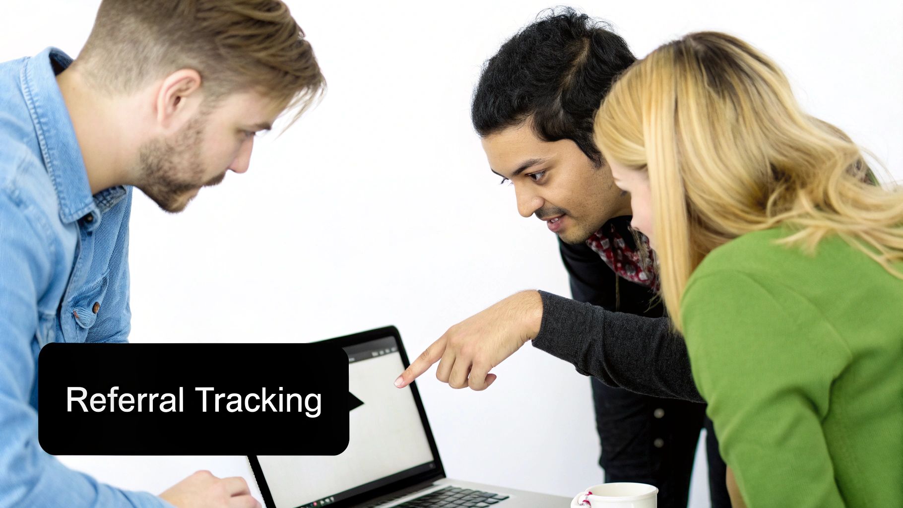 Three diverse people discussing referral tracking on a laptop, with one person pointing at the screen.
