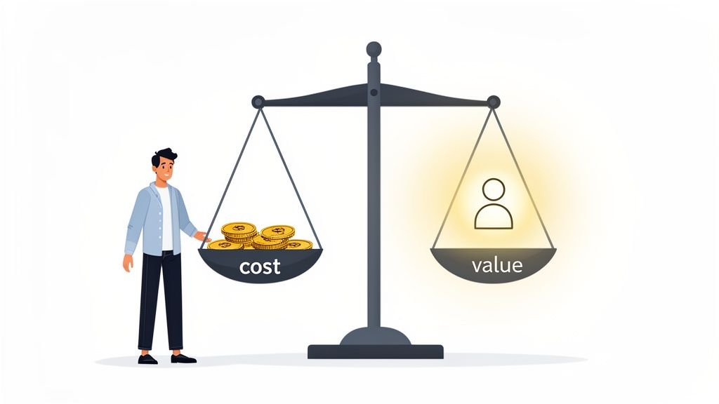 A man stands by a scale balancing cost (coins) and glowing value (person icon), showing value outweighs cost.