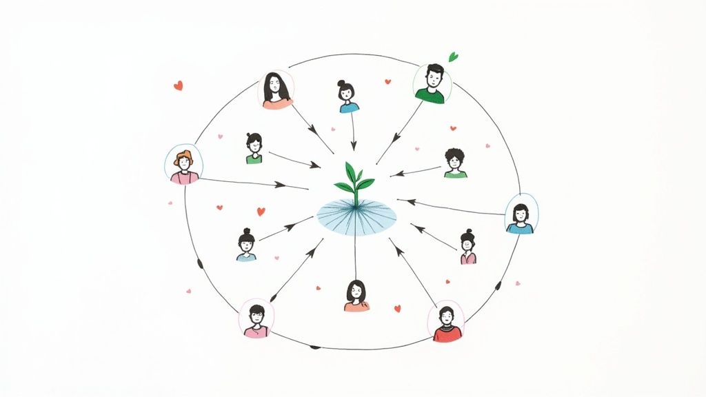 Diverse community members connecting arrows pointing toward central growing plant symbolizing collaborative growth